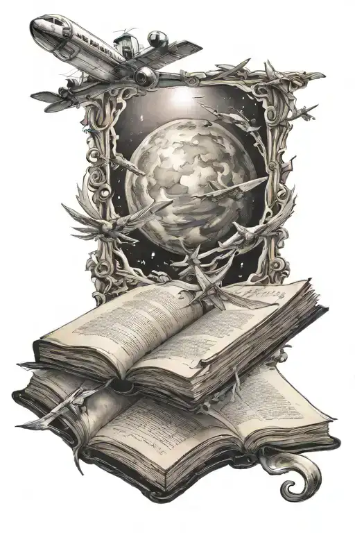 1 Open Book From Which A Planet Emerges With A Plane Flying Around It