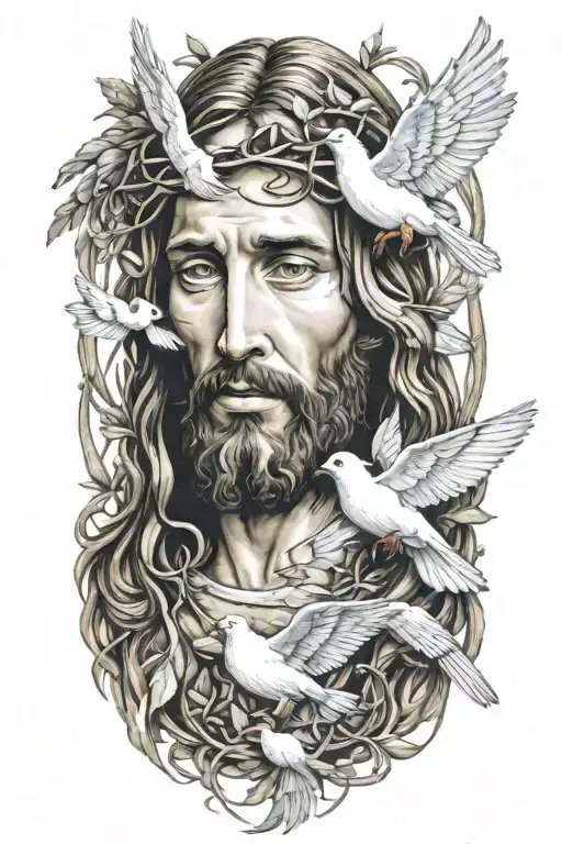 A Detailed Portrait Of Jesus Surrounded By Doves Carrying Olive Branches