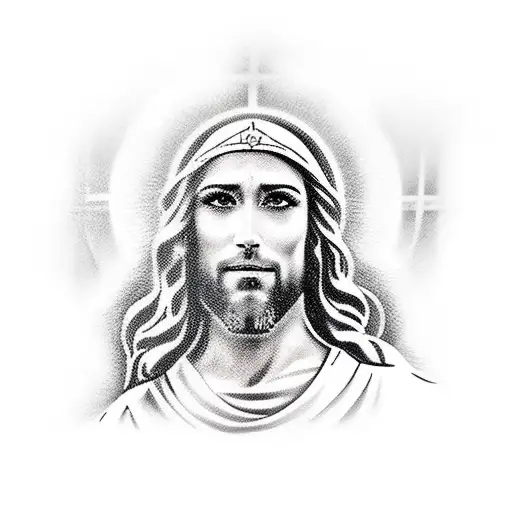 Create A Realistic Tattoo Of Jesus Christ Holding A Rifle Hk G36c With A Cross In The Background