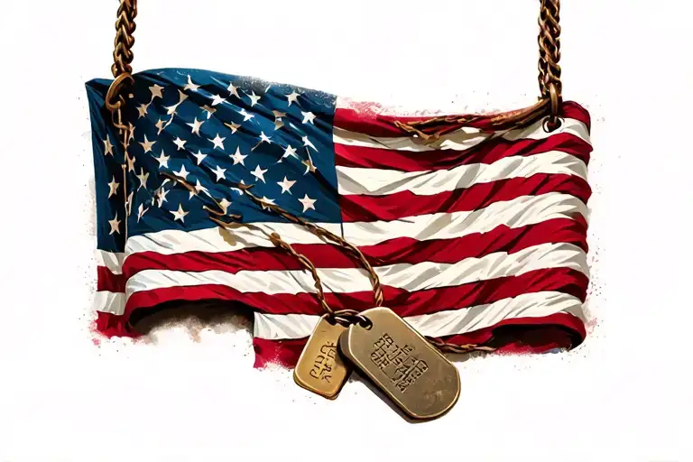 Folded American Flag With Dog Tags Hanging