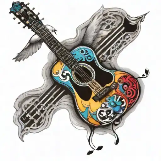 A Colorful Tattoo Of A Guitar And Music Notes And Doves