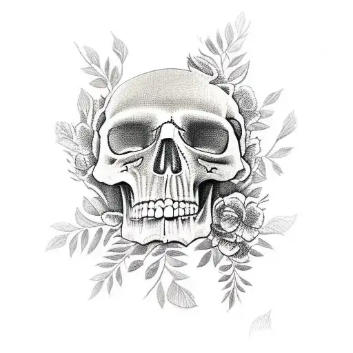 Raven Standing On Skull Surrounded By Flowers