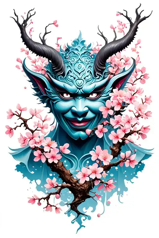 Cherry Blossom Tree Oni Mask Surrounded