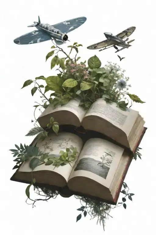 Open Book With Images Of Plants From This Book A Planet Appears With A Plane Flying Around It