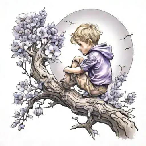 A Tattoo Of The Little Prince Sitting On A Tree Branch Surrounded By Lavander And Poppies