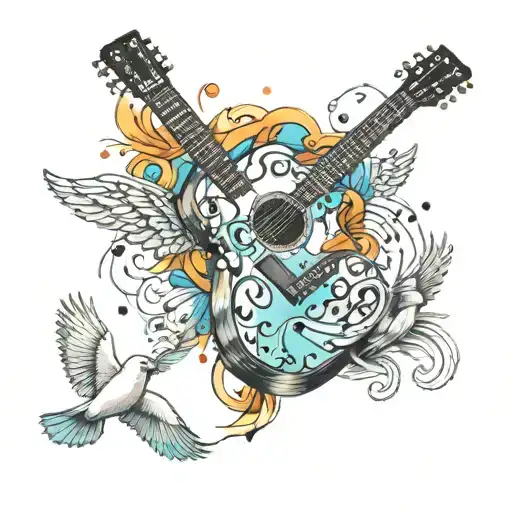 A Colorful Tattoo Of A Guitar Surrounded By Music Notes And Doves