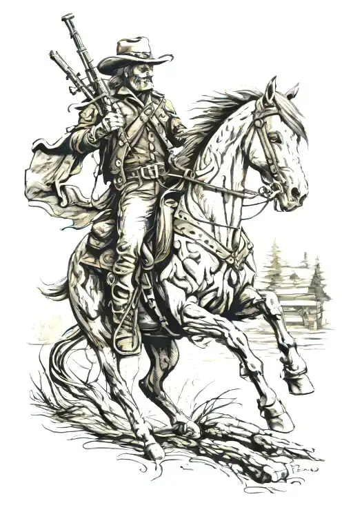 Skelton Cowboy Holding A Lever Action Riding A Powerful Horse Away From A Log Cabin