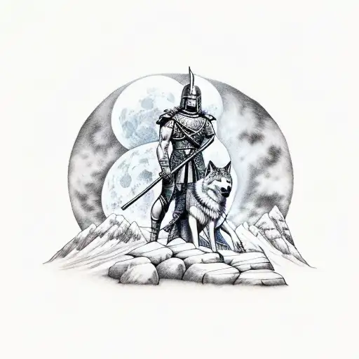 Spartan Holding A Wolf In Front Of A Mountain On A Foggy Full Moon Night