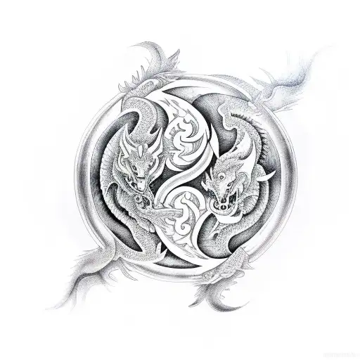 A Wolf And Dragon Intertwined In A Yin Yang Symbol