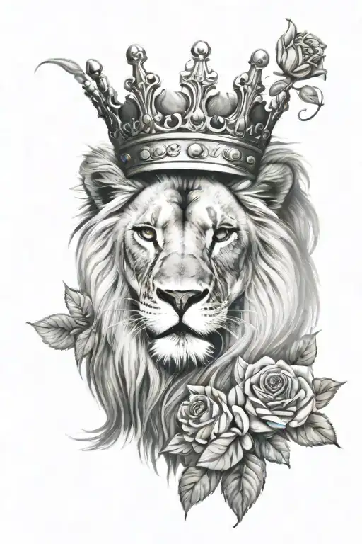 Lion Head Roaring With A Crown Surrounded By Roses
