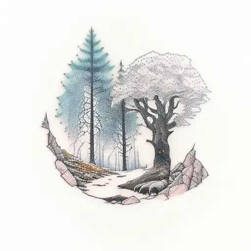 Alder Tree Across A Cave Entrance With A Bear And Fox