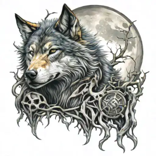 Eldrich Wolf Beast Made Of Body Parts Eyes And Bones With The Moon In The Background