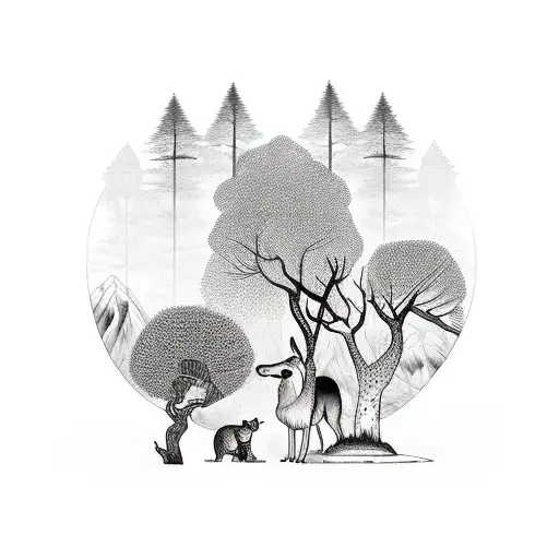 Forest With Animals An Mountains