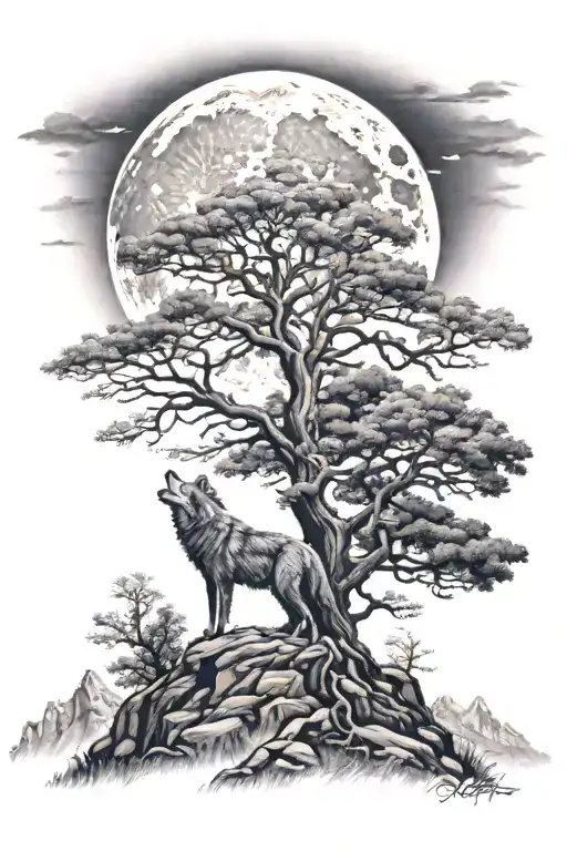 Oak Tree With Mountains In Background And Wolf Howling At The Moon