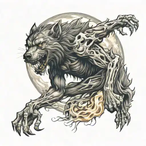 Werewolf Made Of Body Parts And Bones On Fire With The Moon In The Background