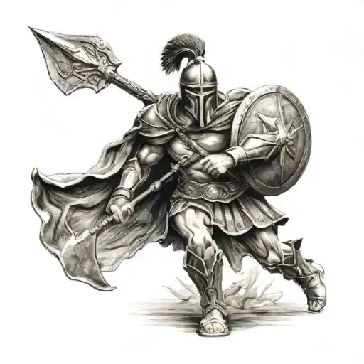 Spartan Angel Holding Spear And Shield Facing Forward