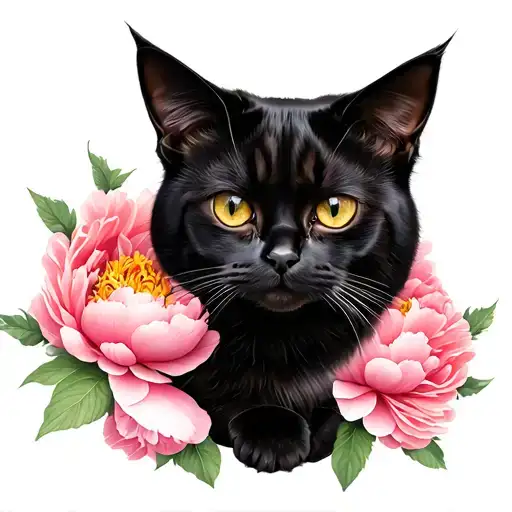 Peony With Black Cat Sitting