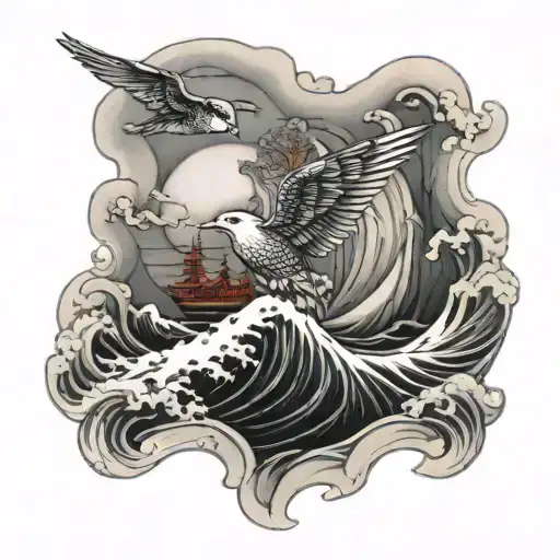 Japan Waves Bird Ship