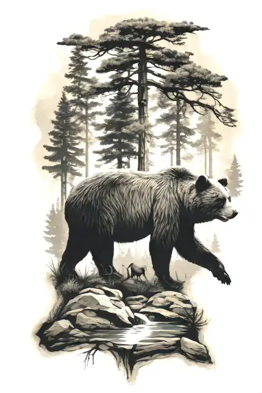 Bear With Forest Behind Calf