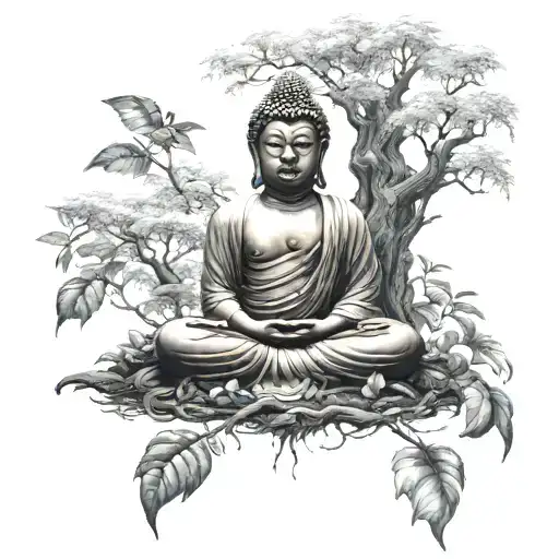 A Realistic Portrait Of Buddha Meditating Under A Tree With Angelic Beings Around