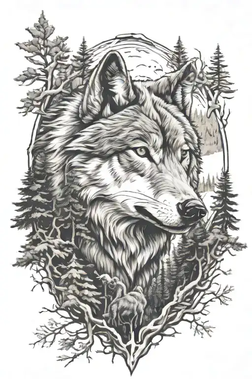 Wolf Head And Forest Scene