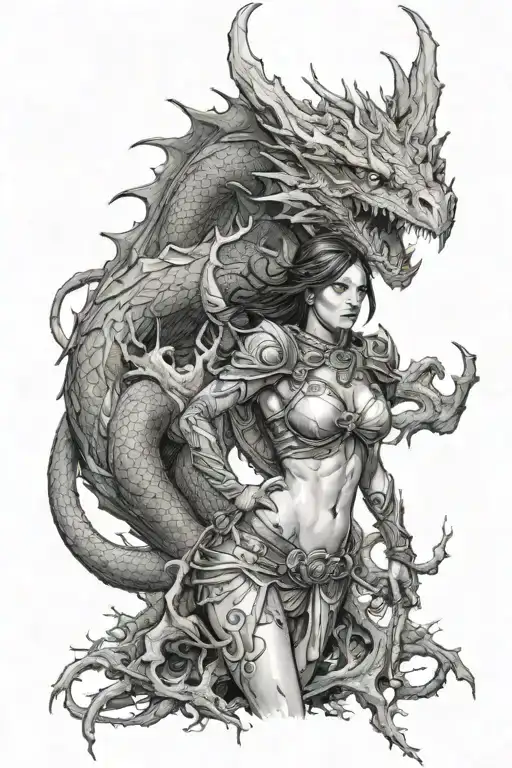 Human Female Warrior With Dragon Breathing Firewith Dead Trees In The Background