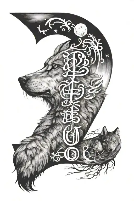 Old Turkic Alphabet And Wolf Howling At The Moon