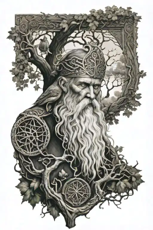 Odin Angry Looking Over Tree Of Life With Nordic Symbols