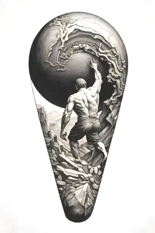 Myth Of Sisyphus Pushing A Boulder Uphill With Fibonacci Spiral