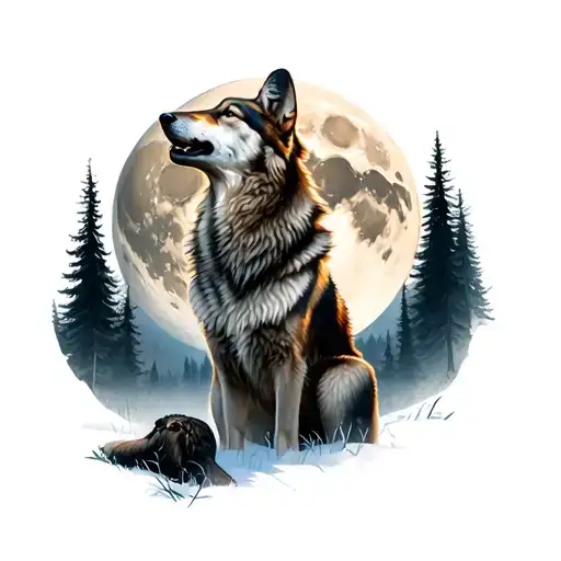 A Realistic Depiction Of A Wolf Howling At The Moon While Surrounded By A Forest Scene