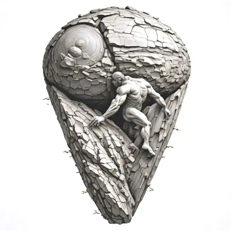 Myth Of Sisyphus Pushing A Boulder Uphill With Fibonacci Spiral