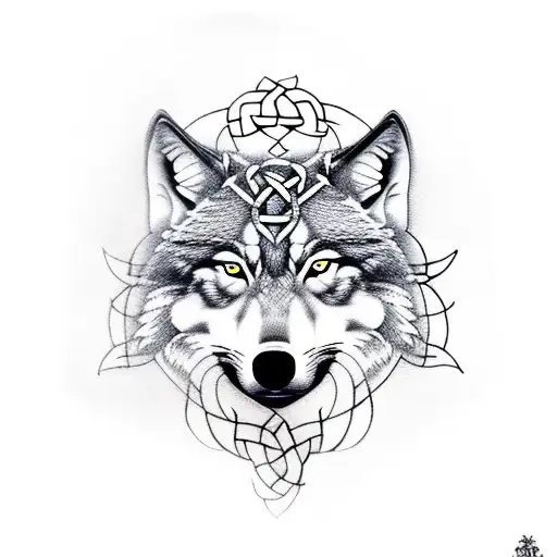 A Realistic Portrait Of A Wolf Surrounded By Celtic Patterns And Vegetation