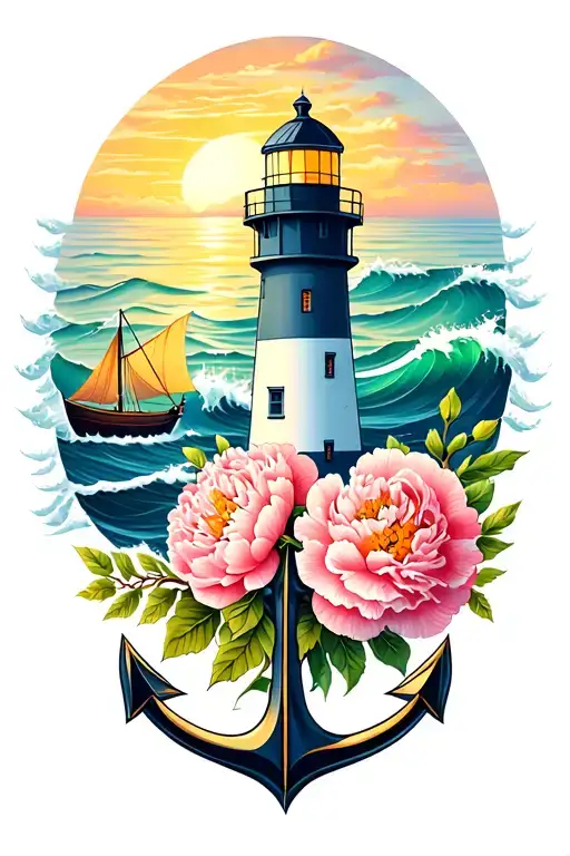 Lighthouse Sunrise With Waves And Anchor With Peonies And A Boat Sailing