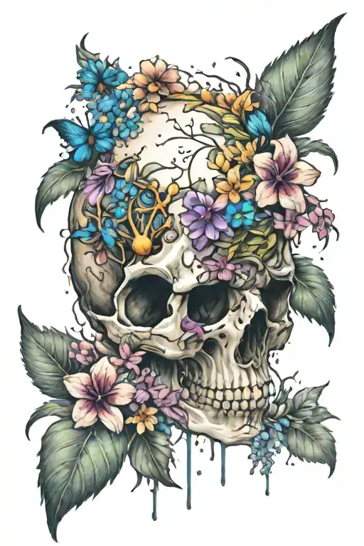 Giant Skull With Color Falling Into Flowers Growing
