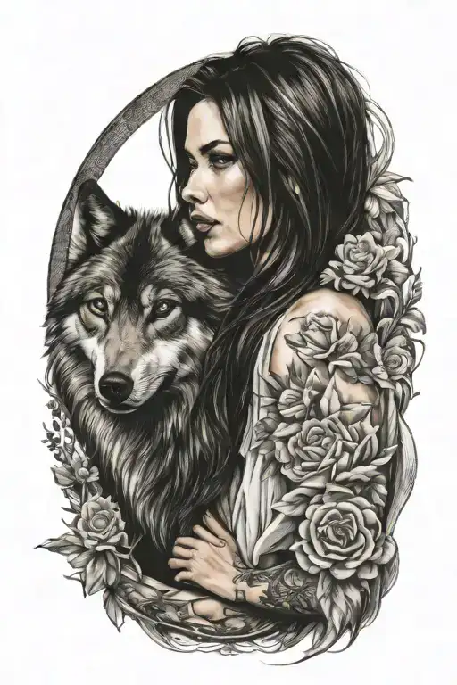 Beautiful Woman With A Wolf Upper Arm Sleeve