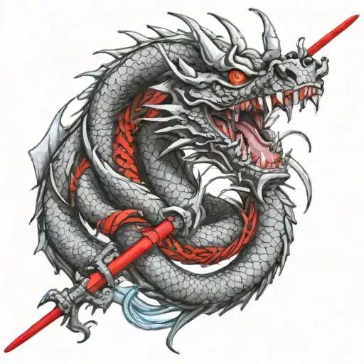 Dragon With Katanas Attached With A Red Thread