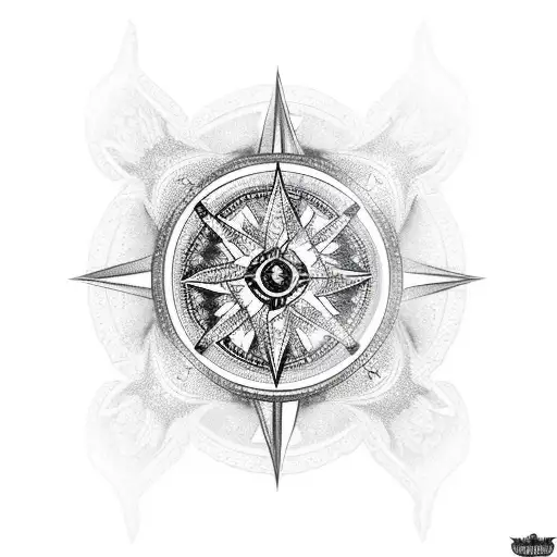 A Blackwork Compass With A Wolf And Eagle Intertwined Around It