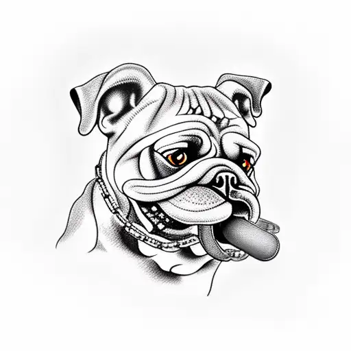 A Bulldog With Rusty Chains In Mouth And Hellfire On Background