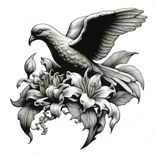 Combine Aspects Of An Ancient Greco-roman Staue With A Lily Flower And A Dove