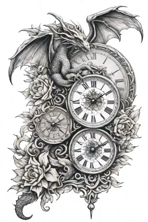 Dragon Greek Mythology Gods Olympus Time Clocks Flowers Shading Detail