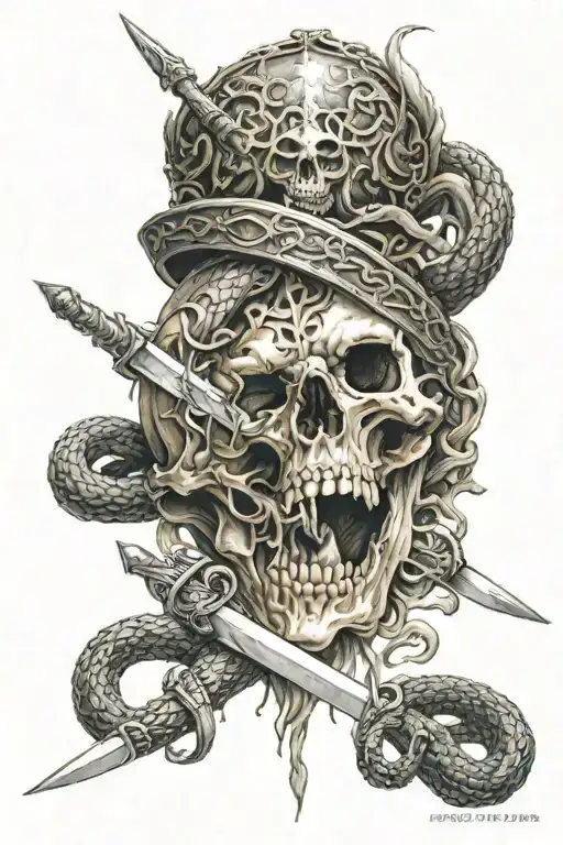 Skull With Sword Piercing Through Top And Snake Intertwined