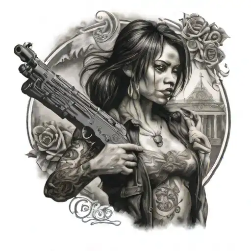 Chicano Girl Holding Gun Surrounded