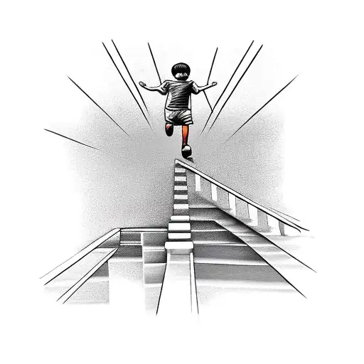 Boy Running Up Stairs Towards A Clock