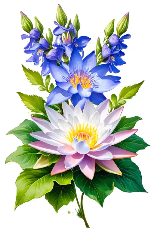 Larkspur Flower And Water Lilies Tattoo