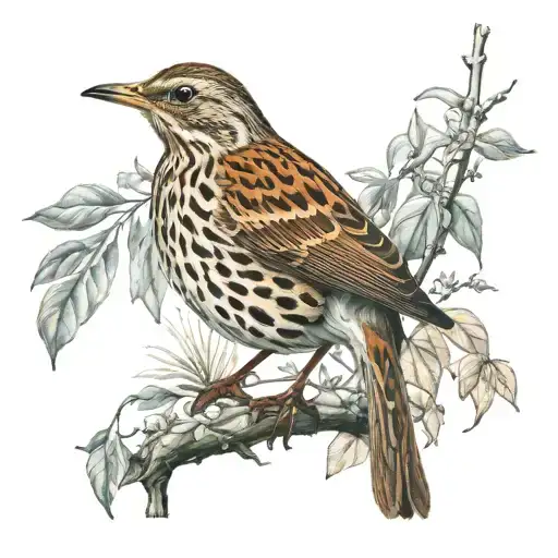 Song Thrush Bird Sitting Between The Brunches And Leaves By The Water