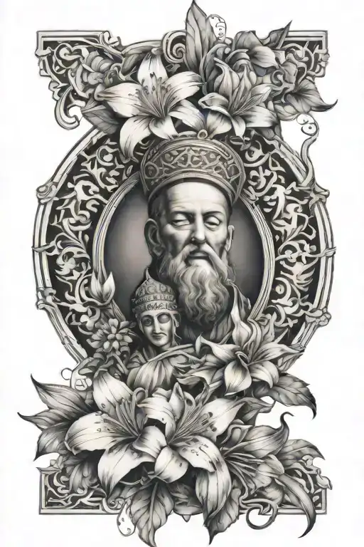 Sleeve Tattoo Design With Religious Symbols And Lilys Flowers