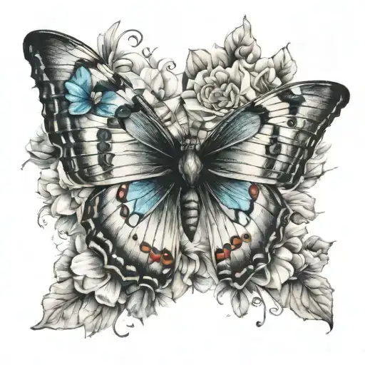 Butterfly With A Eye On The Left Wing And Flowers On The Right Wing