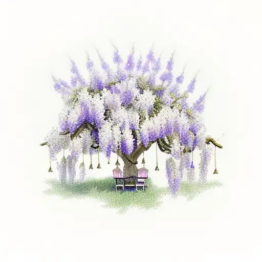 Distant View Of A Small Wooden Swing In A White Wisteria Tree