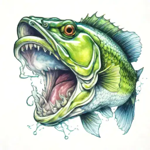 Blue And Green Bass Fish With Hook And Lure In Mouth