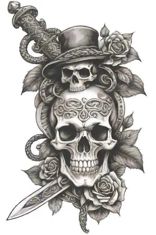 Skull With Sword Piercing Through Top And Snake Intertwined